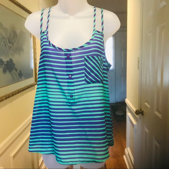 Pinky Tops - Pinky - Lady green/blue striped camisole, Size: M